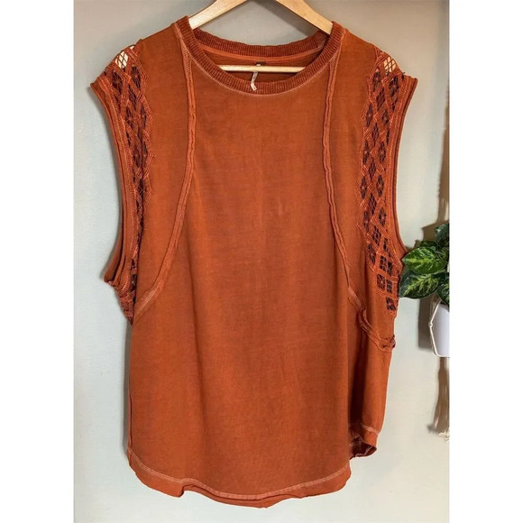 Free People Table for Two Tee Women's Orange Lace Sleeveless Top Size L Casual - Picture 7 of 12